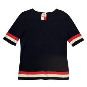 Cabi Hampton Shell Navy Coral & White Short Sleeve Knit Sweater Top Size M 311